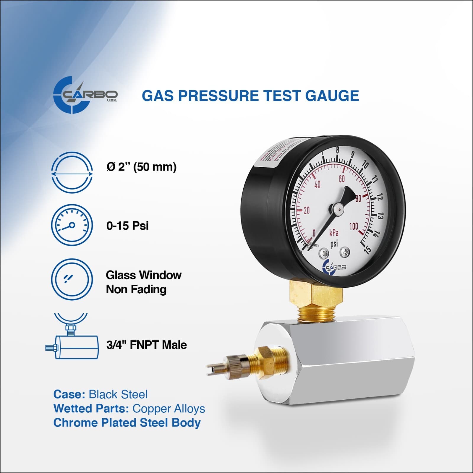 Gas Test Pressure Gauge 15 Pound, 15 PSI / 100 kPa 3/4” FNPT Connection Assembly 2