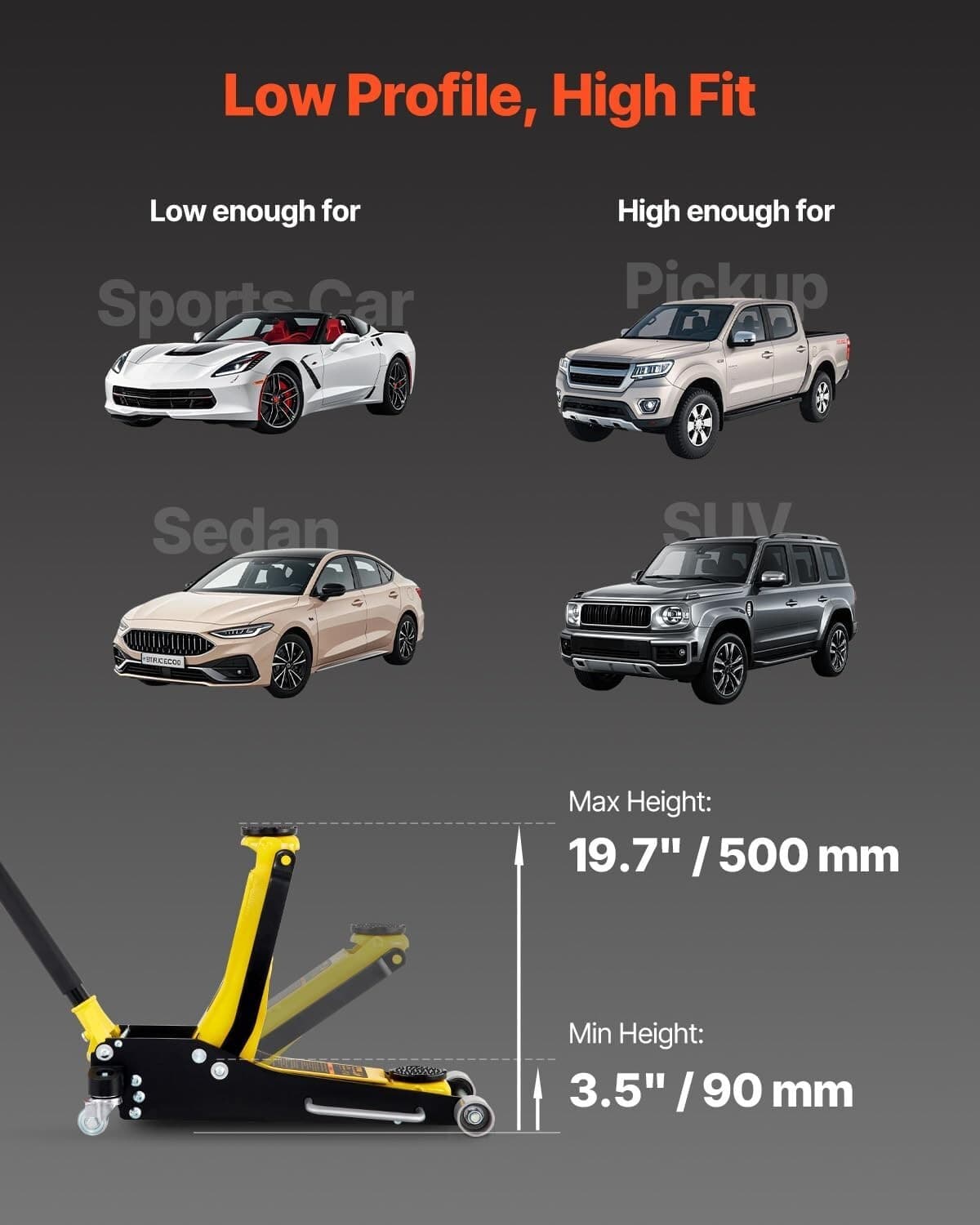 Gato de piso de carreras de perfil bajo de 3 toneladas, de aluminio y acero 5