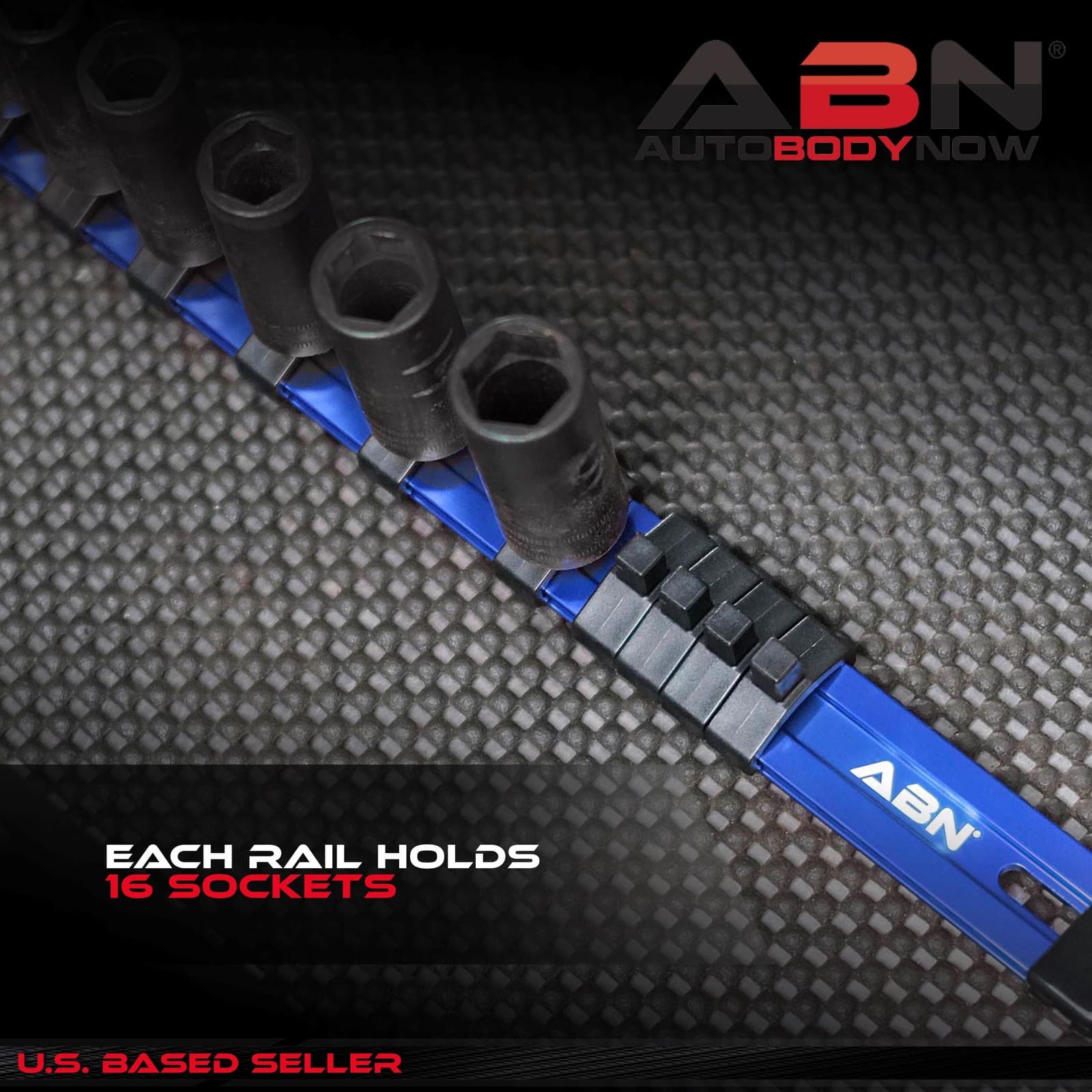 ABN Blue Aluminum SAE 3/8" Inch Drive Socket Holder Rail & Clips Tool Organizer 3