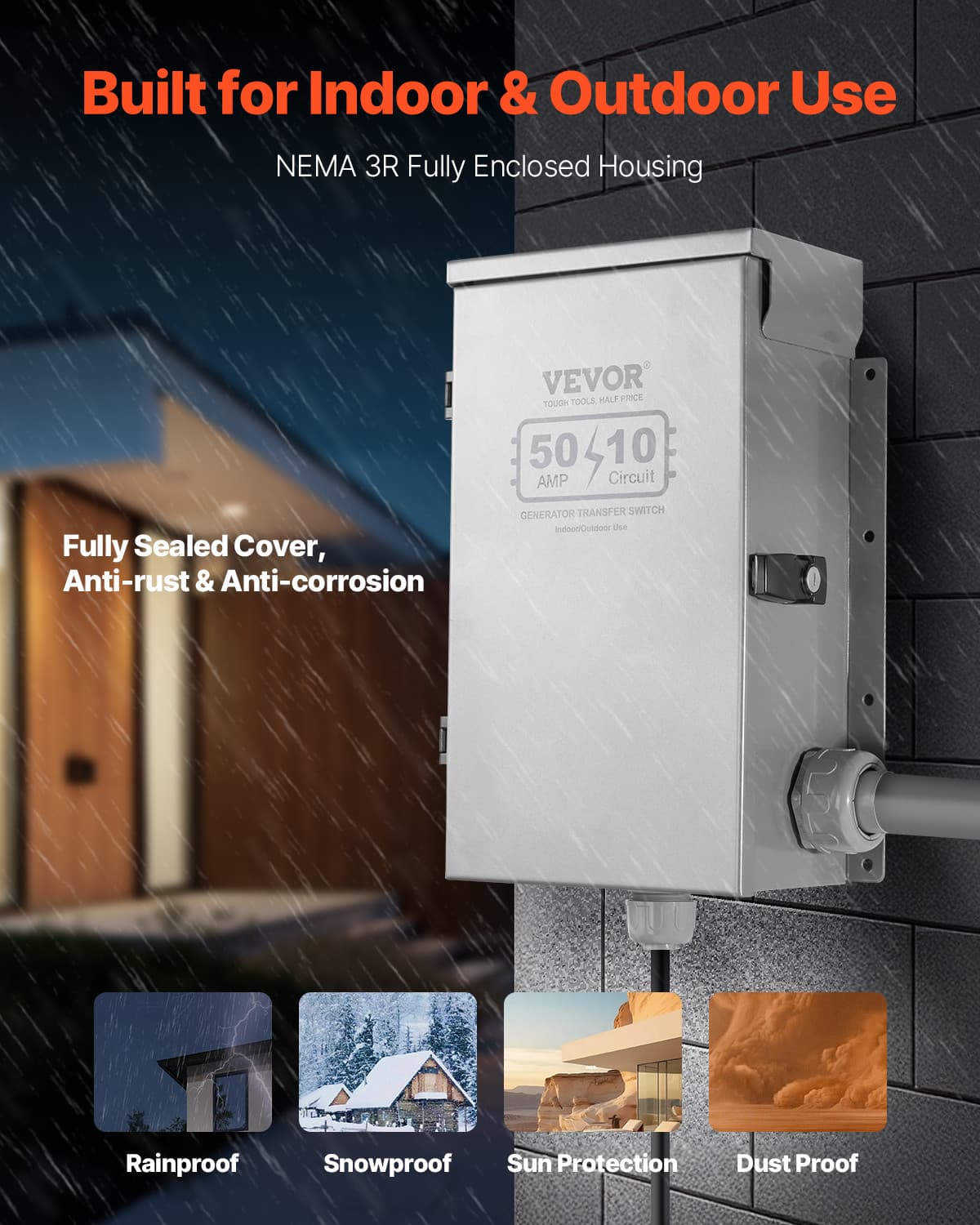 VEVOR Manual Transfer Switch 50A Generator Transfer Switch Kit NEMA 3R 12500W 4