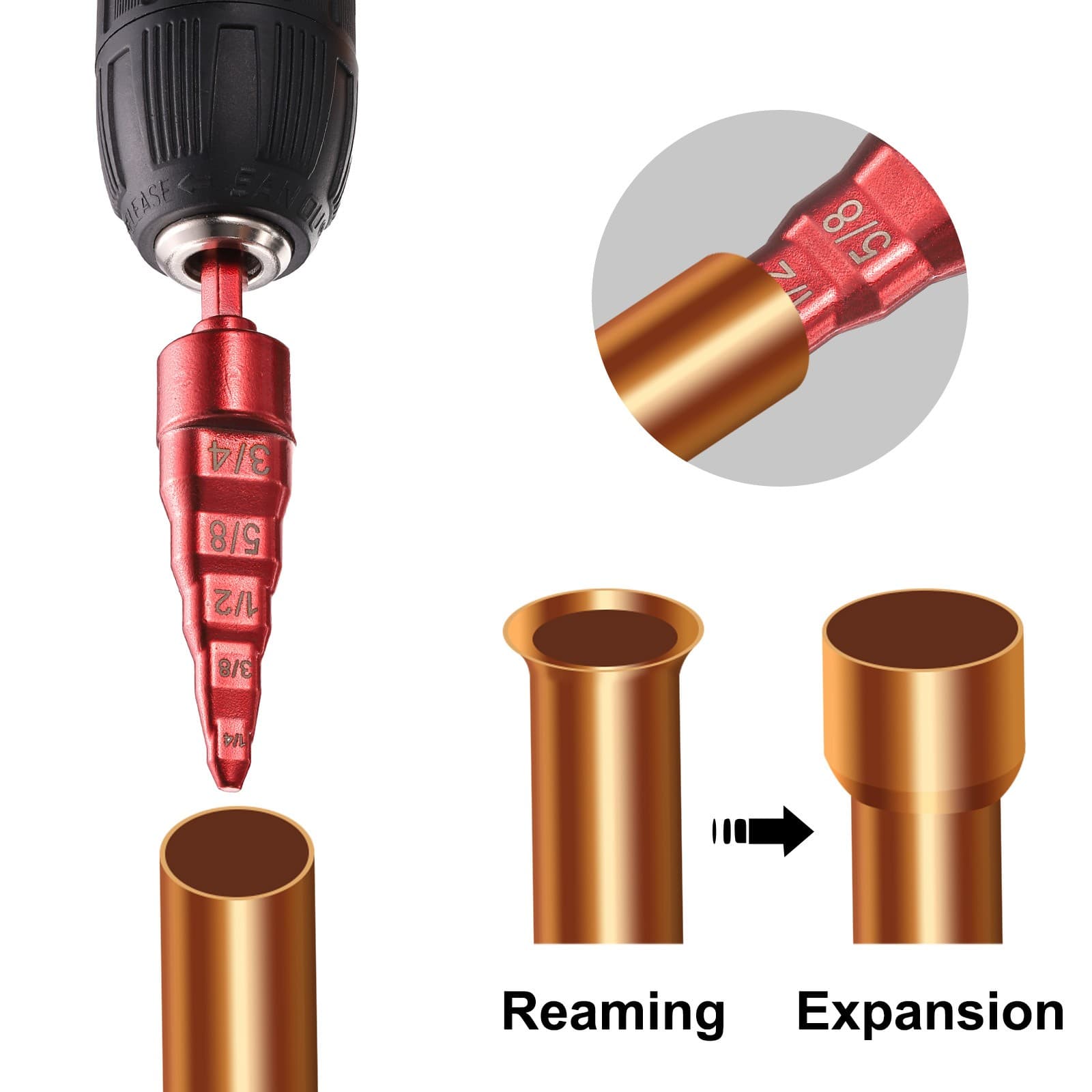 1/4" 3/8" 1/2" 5/8" 3/4" Swage Expander Drill Bit with 1/4" Hex Shank Red 5