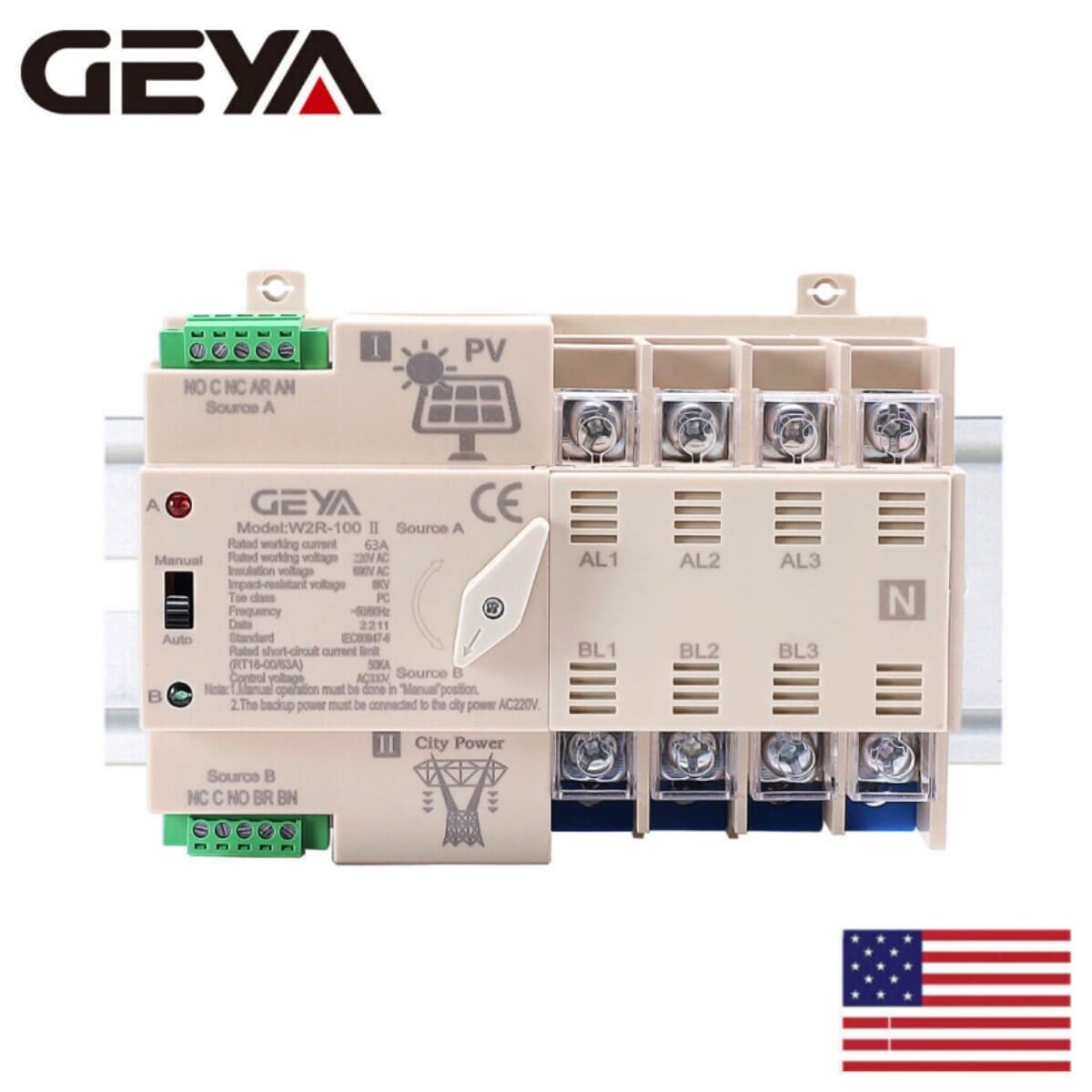 PV Solar Automatic Transfer Switch 4P 63A 110V Solar Inverter To Grid Dual Power