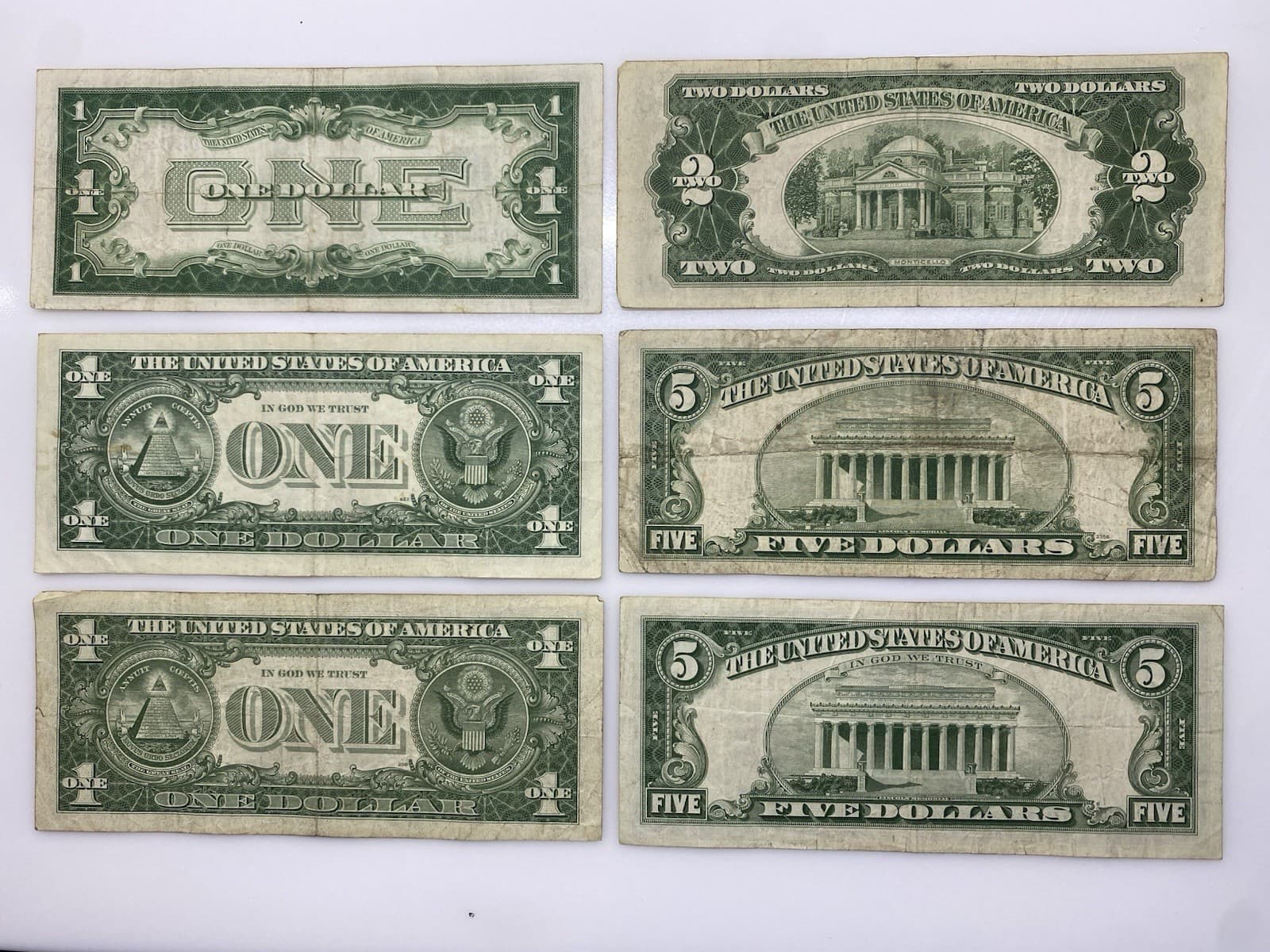 Lot of 6 Notes: 1928A ‘Funnyback’, 1957B $1, 1957 *$1, 1953 $2, 1953 $5, 1963 $5 3