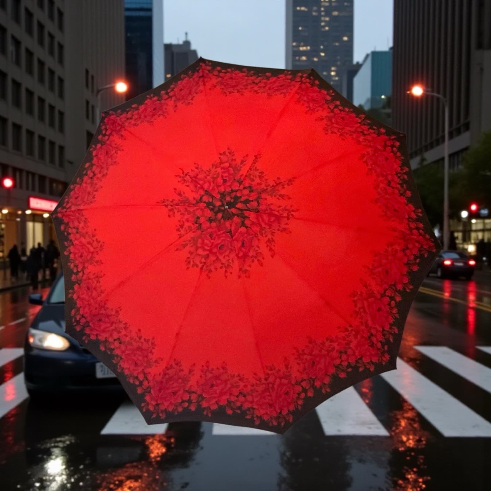 VINTAGE 1940s ROSES Chrome Metal Mechanism Umbrella Sunbrella Hong Kong 2