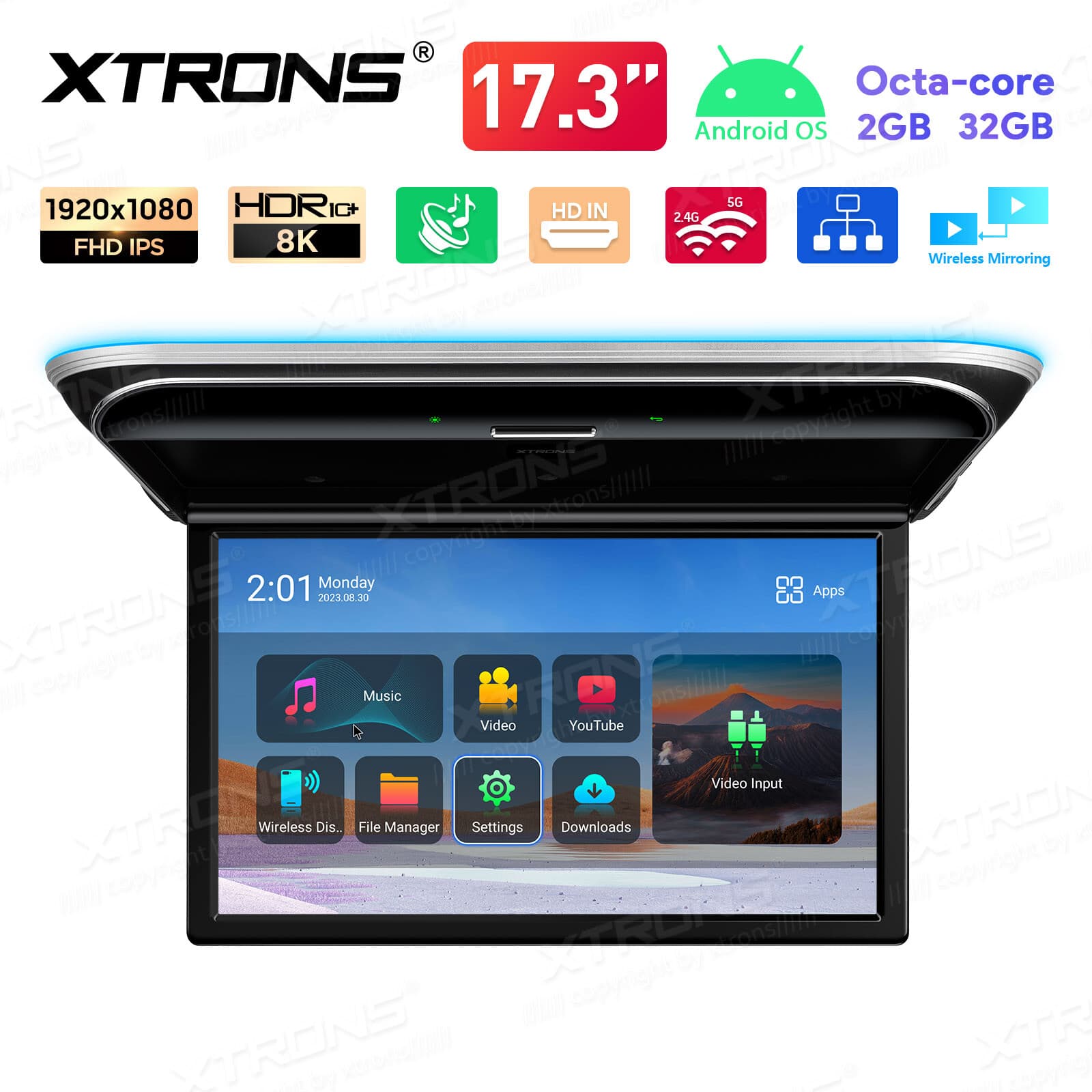 17.3" Android 32GB Car Roof Overhead Monitor TV HDMI WiFi IPS Screen Mirror 5