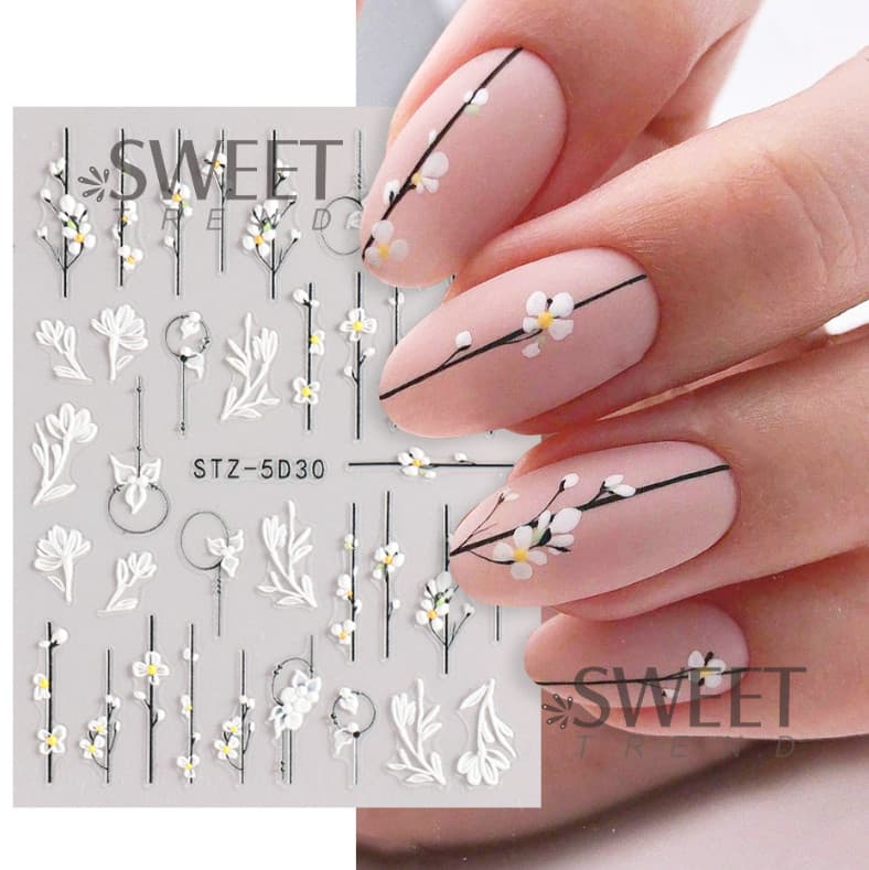 5D Embossed Tulip Camellia Flowers Leaf Nail Stickers Water Sliders Manicure DIY