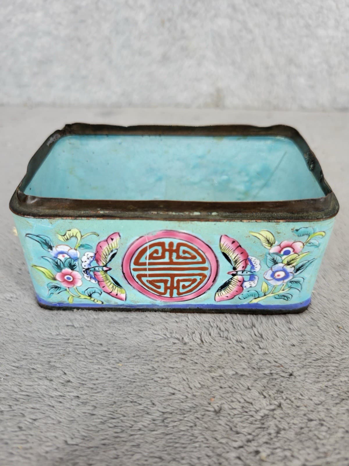 Vintage Chinese Cloisonné Enamel Box Rectangular Turquoise Interior 4” 2.5” 4