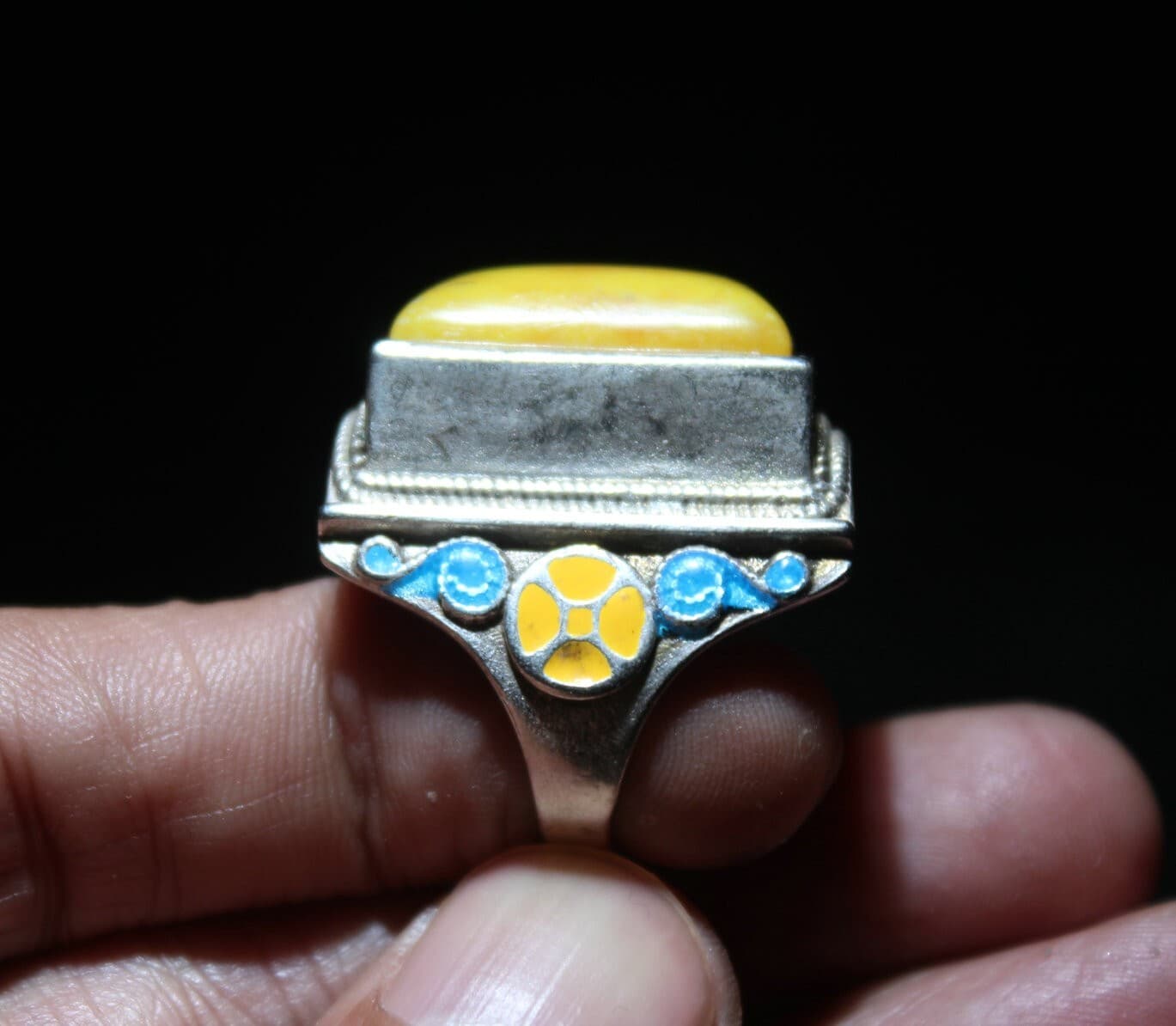 Rare Old Chinese Cloisonne Silver Inlay beeswax Gem Flower Jewelry Figure Ring 5