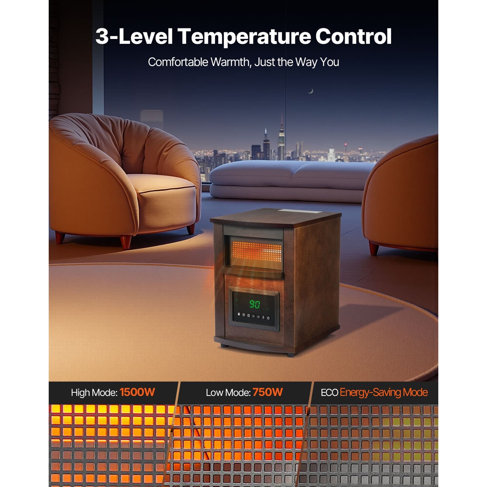 Uimoso 1500W Electric Infrared Space Heater with LED Display and Timer Settings 3
