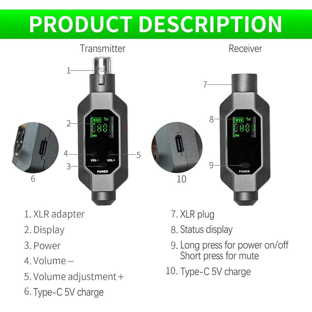 Wireless Microphone Converter XLR Transmitter System For Dynamic Microphone 5