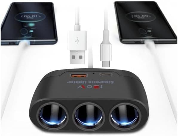 5 in1 Car Cigarette Lighter Splitter Adapter Car Charger 23.6In Cable 24V/ 12V 5