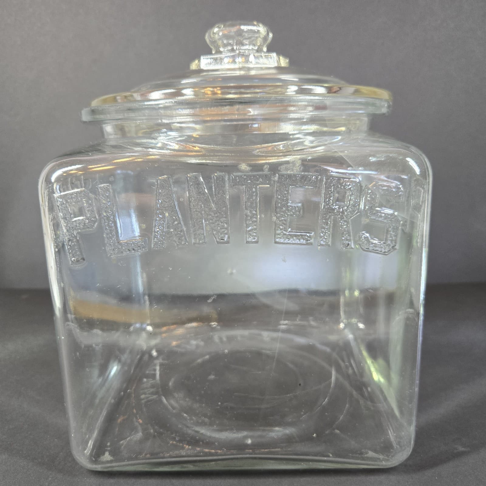 Vintage Planters Peanuts Square Embossed Glass Counter Jar knob Lid 1930s 4