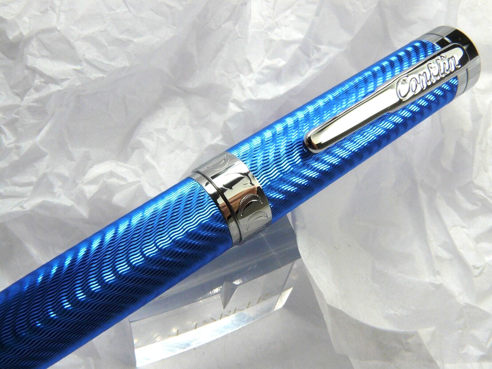 Conklin Herringbone Signature Blue Chrome Fountain Pen Omniflex Nib NEW IN BOX 5