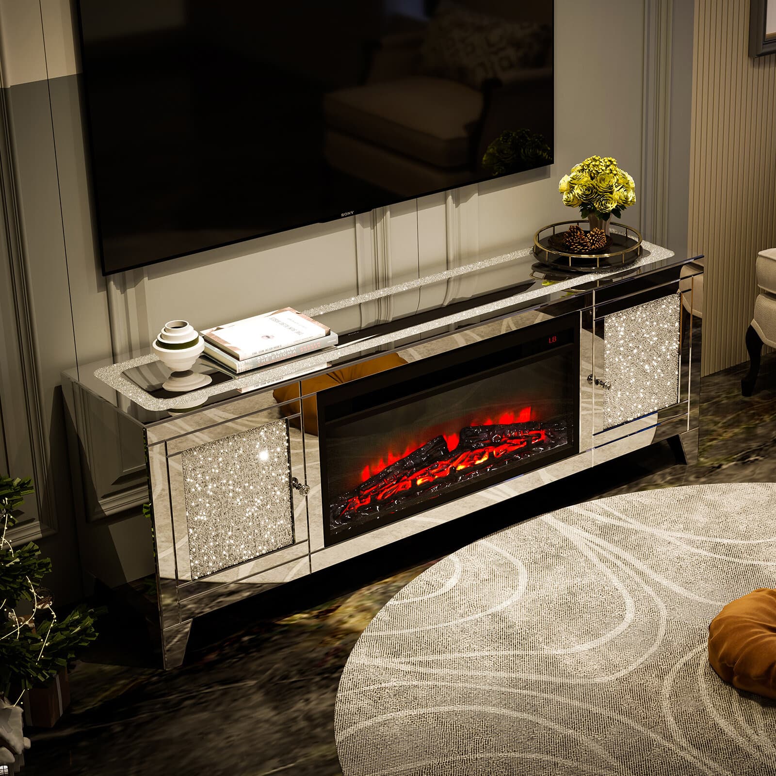 COSVALVE 59"Mirrored Fireplace TV Stand Entertainment Center Crush Diamond 2Door