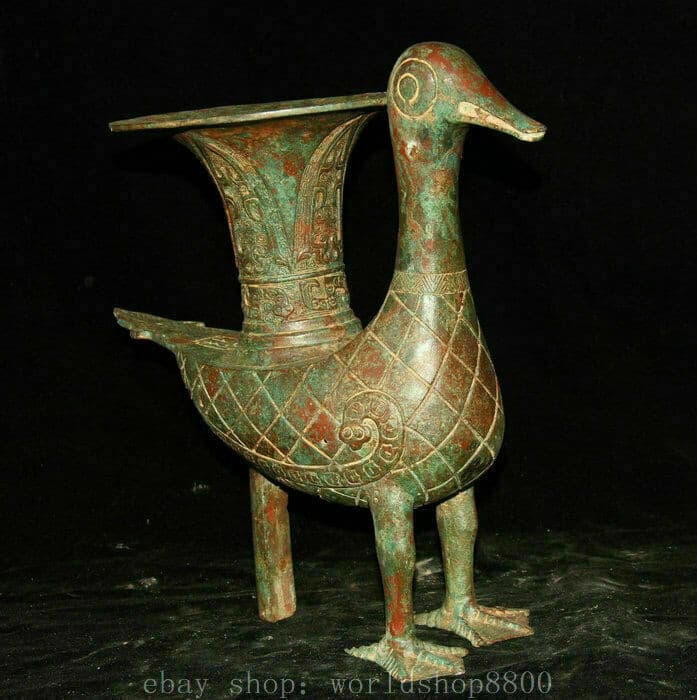 12" Old Chinese Xizhou Dynasty Bronze Ware Quack-quack Duck Zun Wine Vessel 4