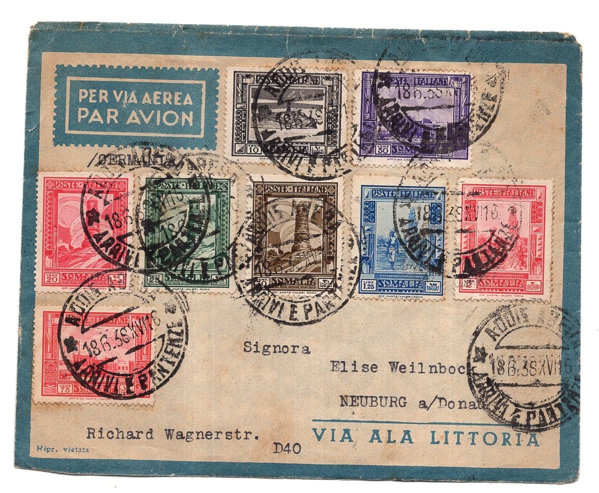 Somalia - Pictorial eight different values on envelope on 18.6.38