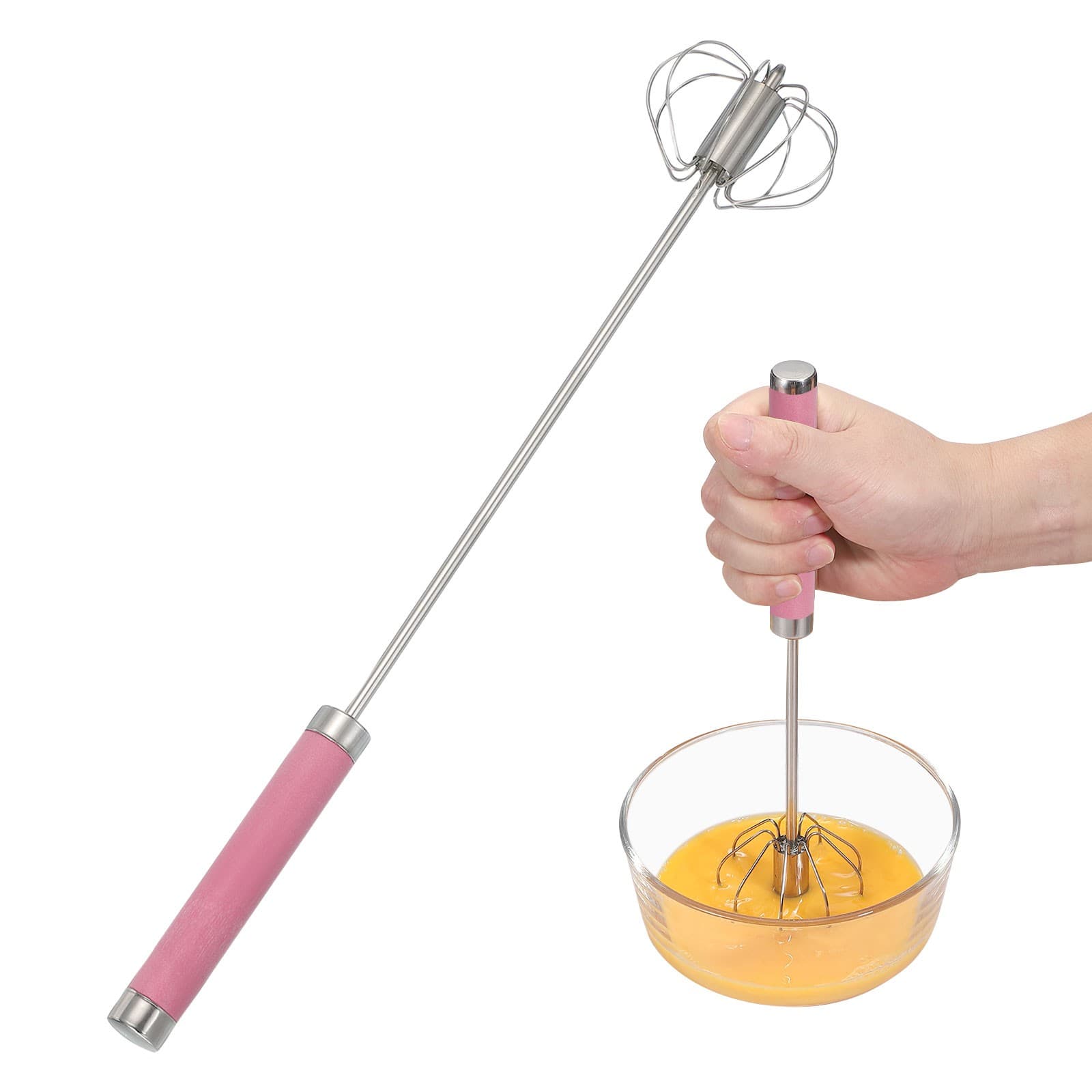 Stainless Steel Whisk, 13.6 Inch Semi-Automatic Whisking Tool, Pink