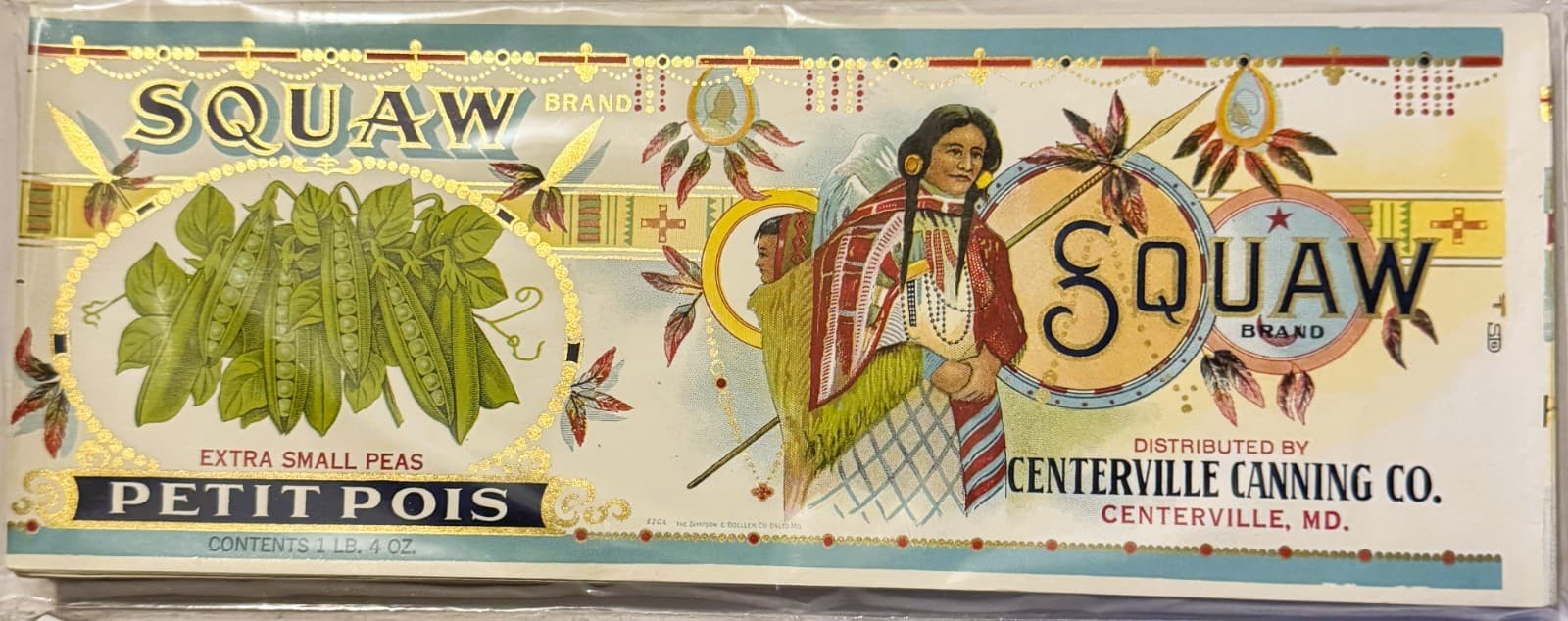 Antique 1920s Squaw Gold Embossed Can Label 2, Centerville, MD, Native American! 2