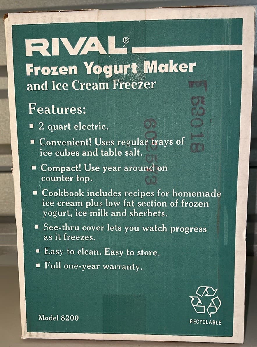Rival Frozen Yogurt Maker/Ice Cream Freezer Model #8200 (White)NEW And Sealed 4