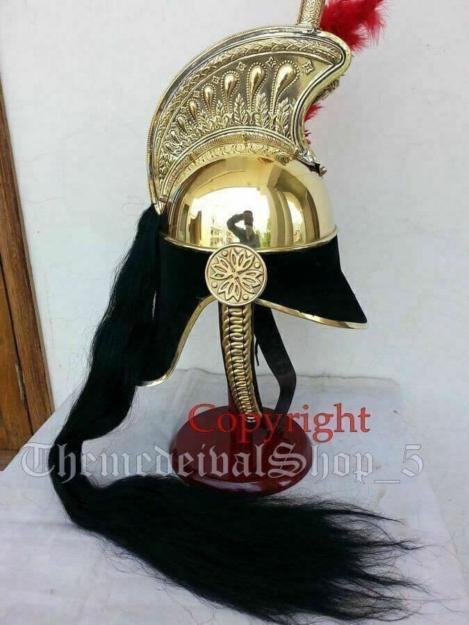 French Cuirassier Officer's Napoleon Brass Helmet With Red Plume & Wooden Stand 6