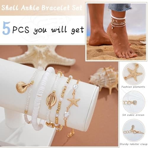Boho Shell Ankle Bracelet Set for Women, 5 Pairs 14K Boho Bead Classic-5Pcs-1 5