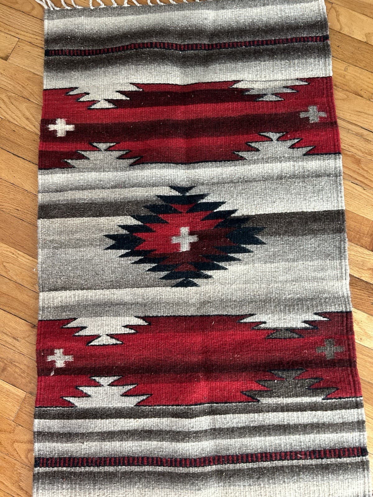 Zapotec Wool Rug Hand Woven Western Home Rustic Geometric Design 24x46” 2