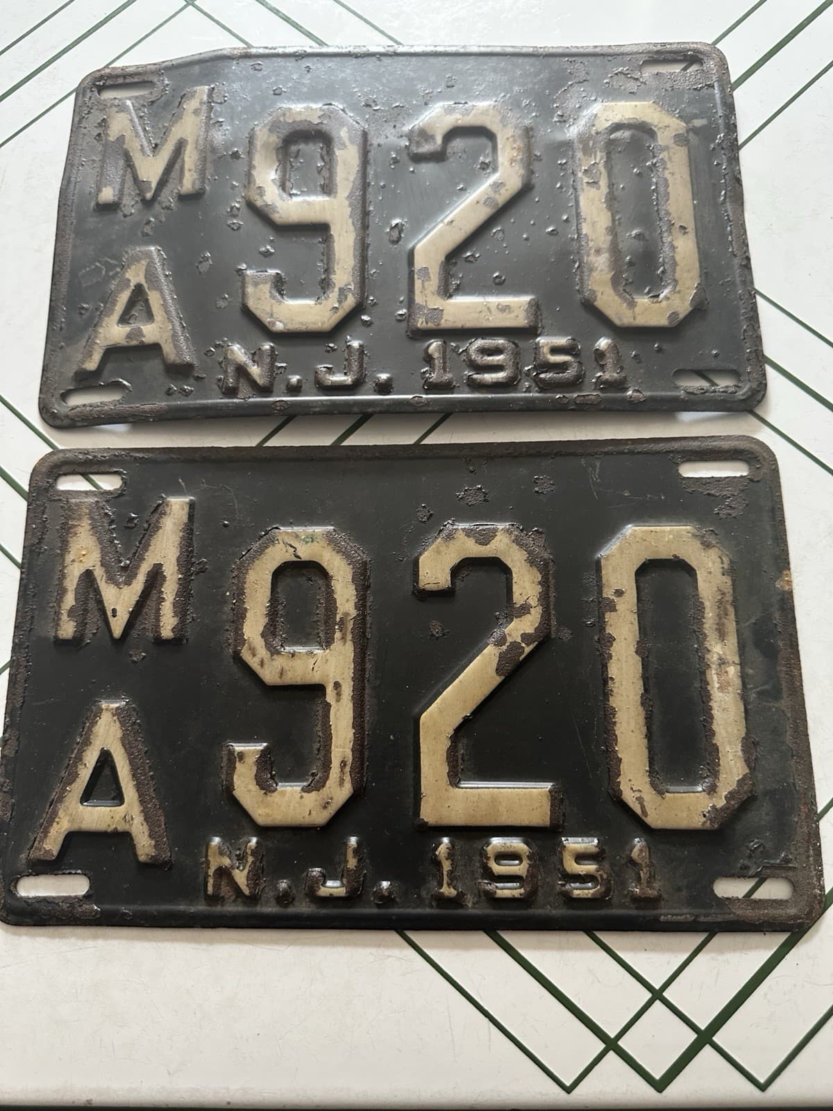 Antique 1951 New Jersey License Plate Pair MA 920 Vintage NJ 5