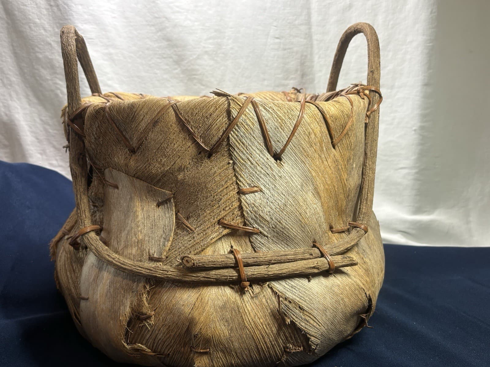 African Coconut Husk Curved Vine Handles Large Primitive Basket. Estate Item EUC 3