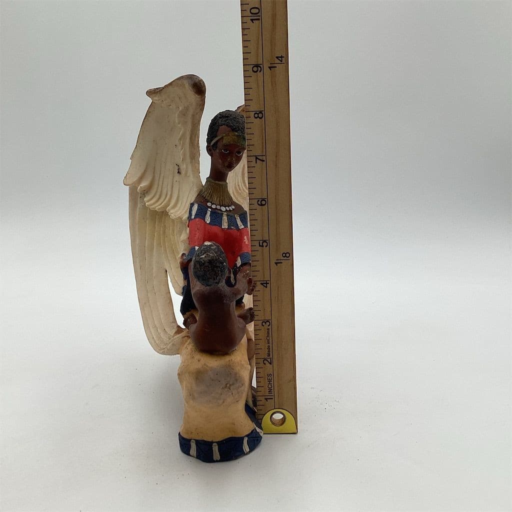 Hand-Carved African American Angel Figurine with Child 6