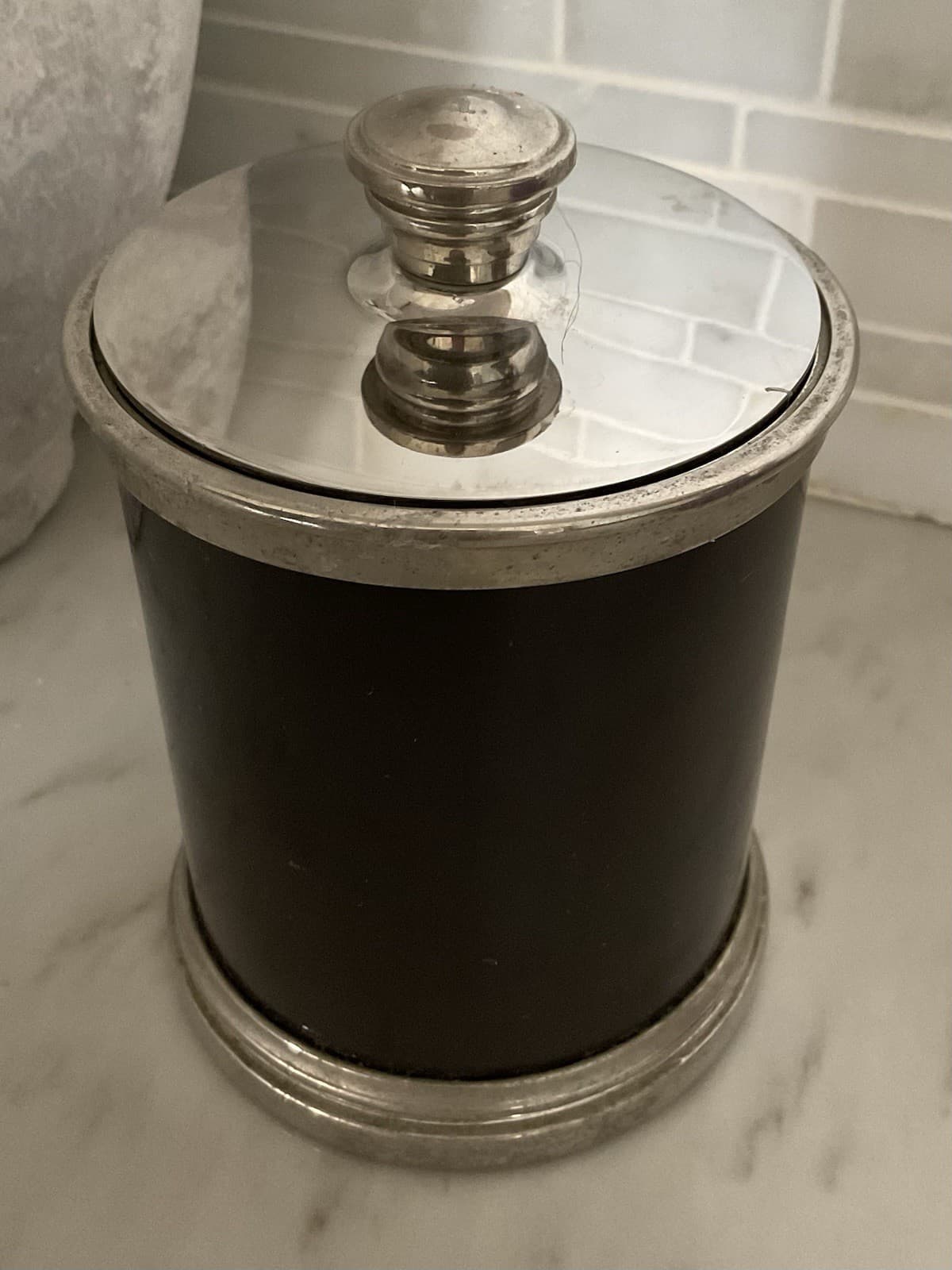 Restoration Hardware Bathroom Storage Canister W Lid, DK Brown/silver,$44 Retail