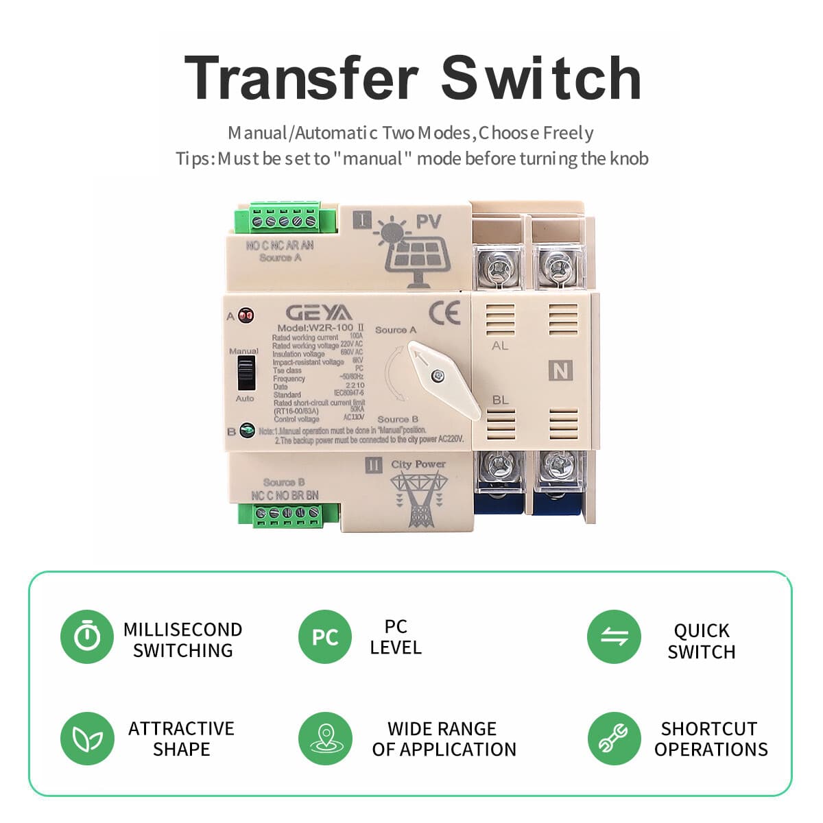 PV Solar Automatic Transfer Switch 4P 63A 110V Solar Inverter To Grid Dual Power 3