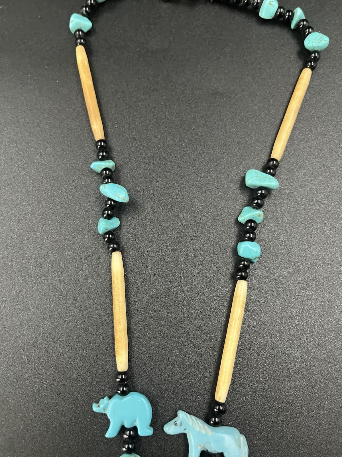 Native American Turquoise Carved Antler Face Beaded Necklace Folk Art Handmade 6