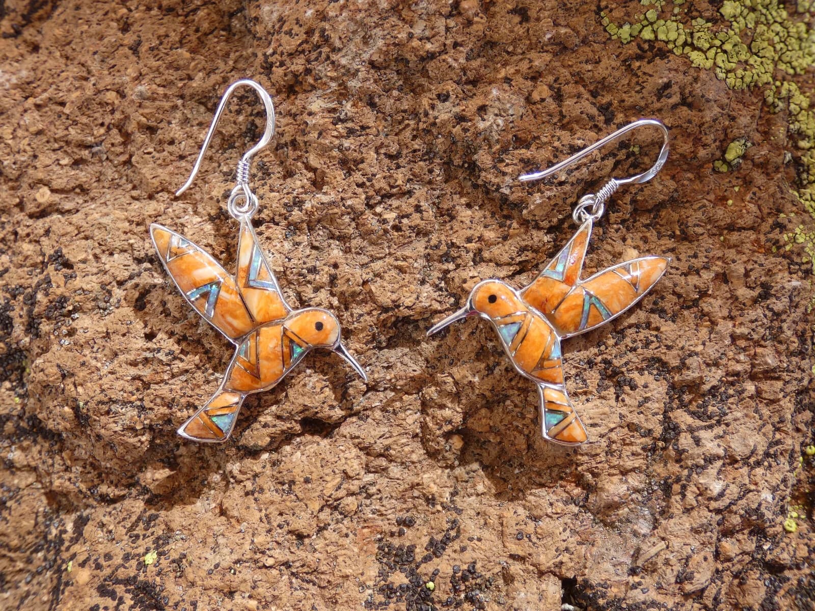 Hummingbird Sterling Silver 925 Nice Spiny Oyster & Opal Inlayed Earrings U24 3