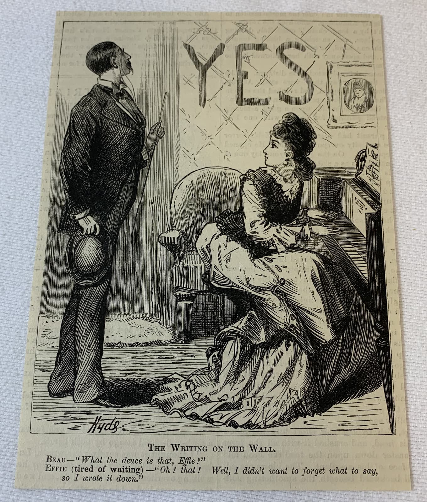1882 magazine engraving~ EFFIE AT THE PIANO ~ YES written on the wall