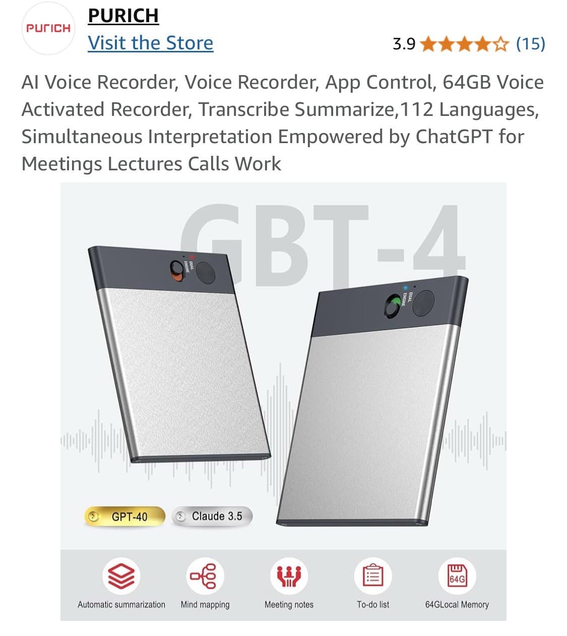 Note AI Voice Recorder w/APP Control Bluetooth Aluminum Alloy 64GB Black ChatGTP 4