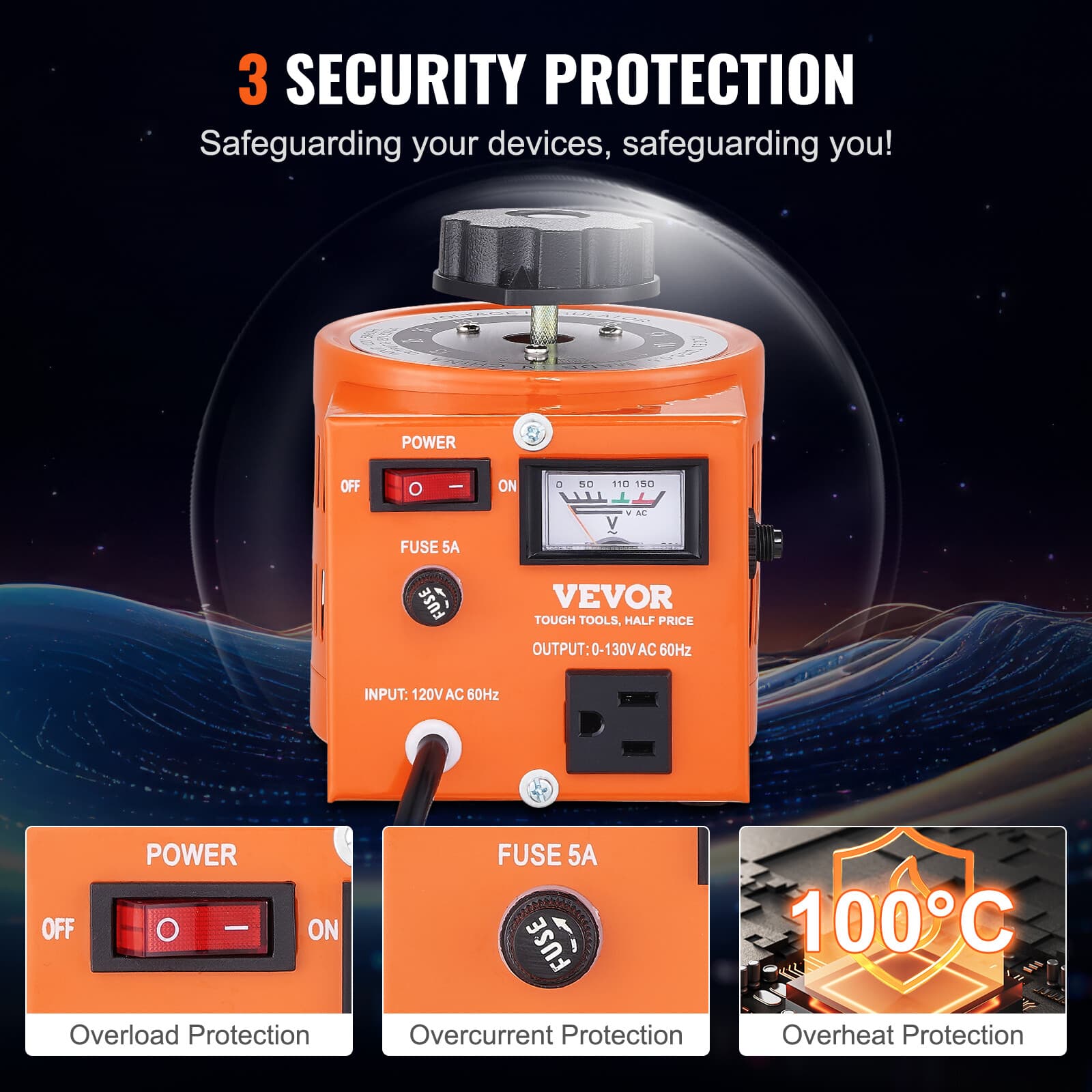 5 Amp Variac Transformer Variable AC Voltage Regulator Metered 500VA 0-130V 4