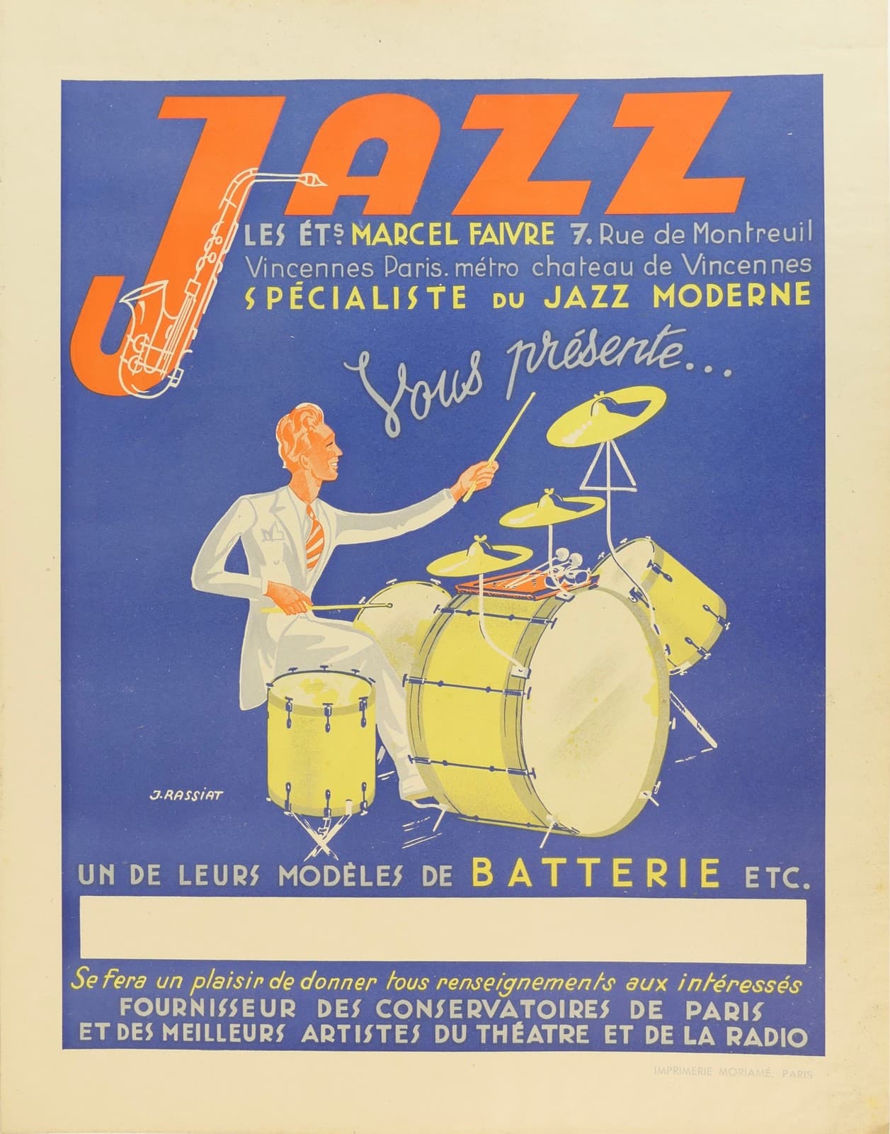1930's French Vintage Jazz Poster Featuring a Drummer by James Rassiat