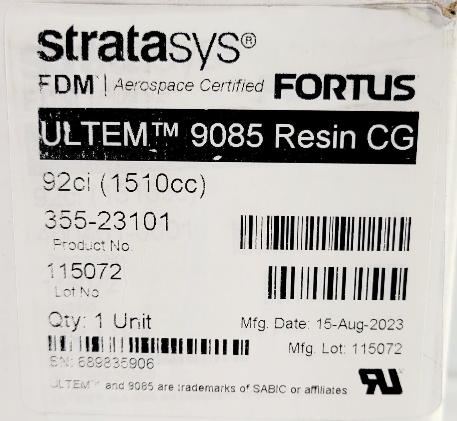 Stratasys FDM Fortus Ultem 9085 Resin CG 355-23101 - 92ci Aerospace Certified 3