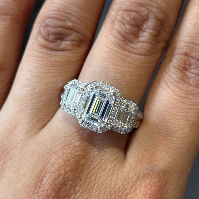 4.5Ctw Emerald Moissanite Halo Three Stone Engagement Ring 14k White Gold Plated 3