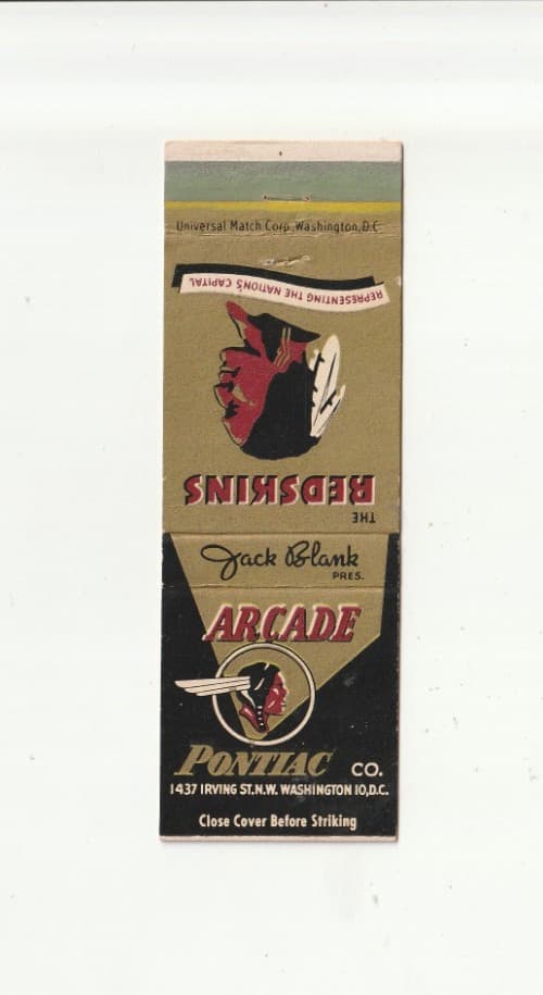 1951-52 Arcade Pontiac Co.Washington Redskins Matchbook Cover Sammy Baugh Rare 3