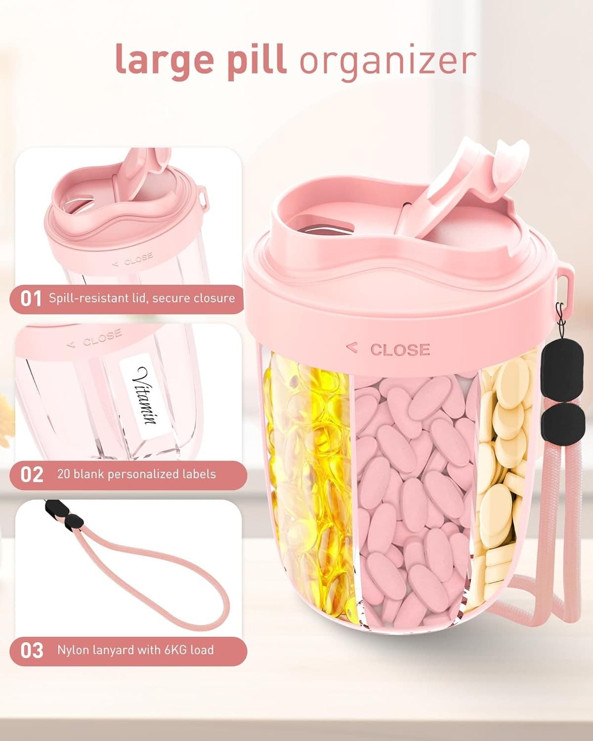 Large Pill Organizer,Supplement Organizer for 7 Different Vitamins,Pill Pink  6