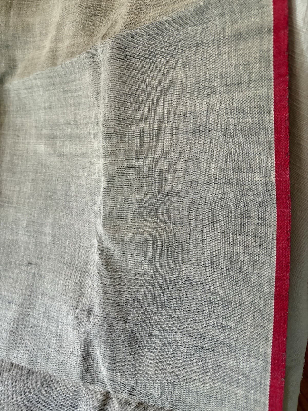 Vintage Pure Linen Fabric~ Natural Oatmeal Beige Red Stripe ~ Farmhouse Textile 5