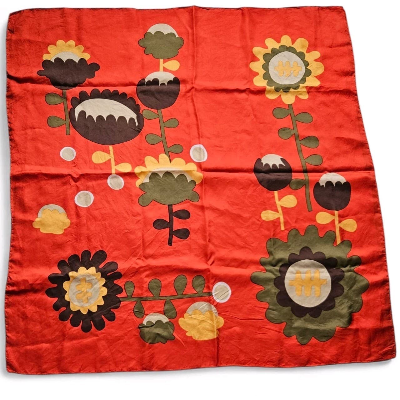 Vintage 1960-70s MOD Silk Scarf  Orange Flowers Hand Rolled Hem 29" Square 5