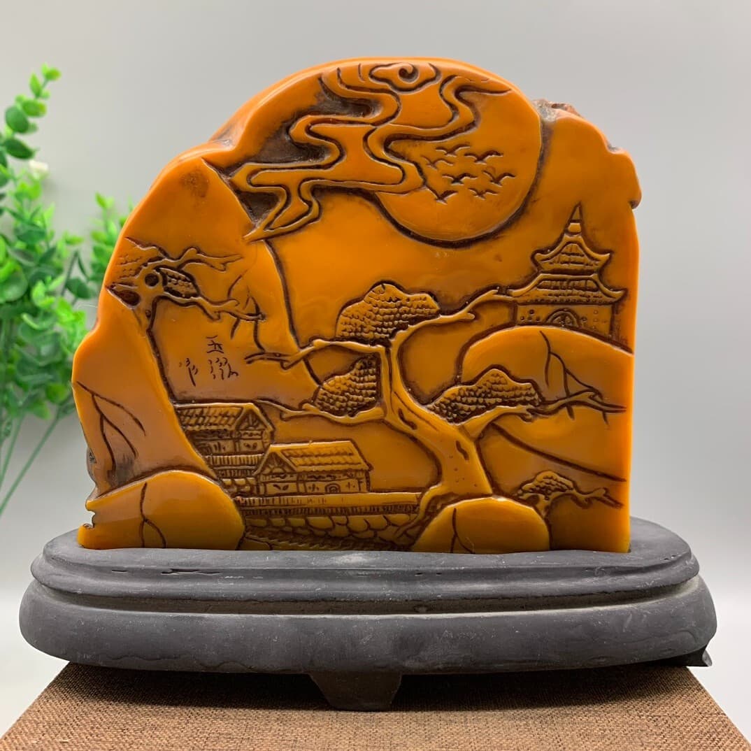 4.3"Noble old shoushan stone handwork carved Longevity god and children statue 4