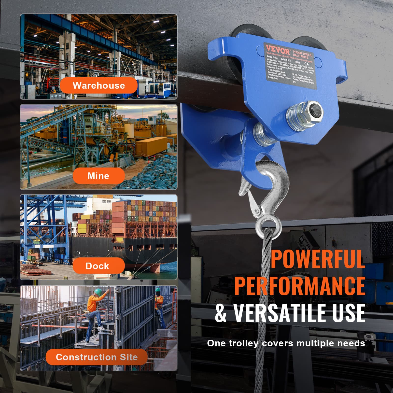 VEVOR Push Beam Trolley Manual Trolley 1100 lbs/0.5Ton Load 2.5"-5.5" Adjustable 6