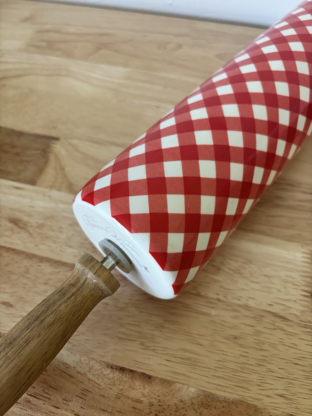 Pioneer Woman  Red And White Rolling Pin Wood Handles Signed Wood Handles HTF 5