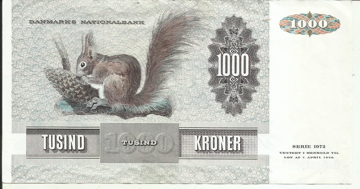 DENMARK 1000 KRONER  1972 P 53. VERY RARE. SQUIRREL. 4RW 08MAI 2