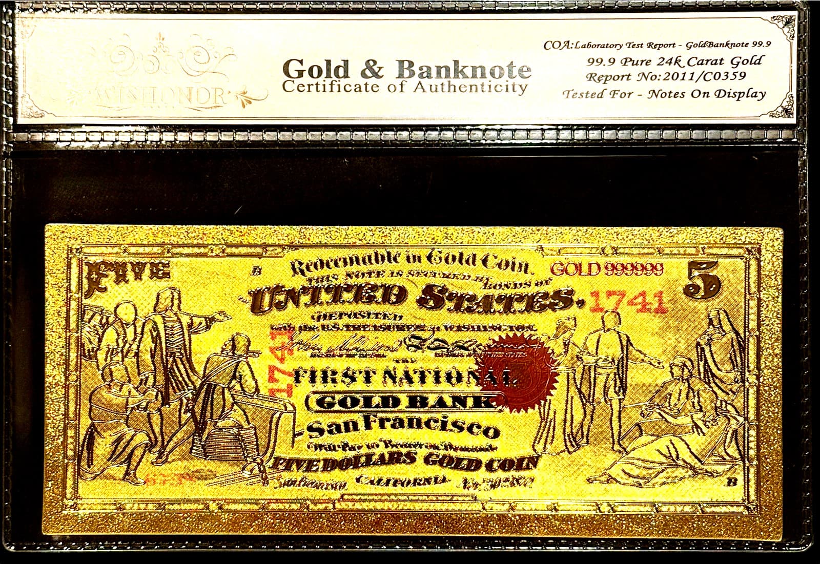 1870 $5 BILL UNITED STATES 24K GOLD BANKNOTE IN PROTECTIVE SLEEVE COA