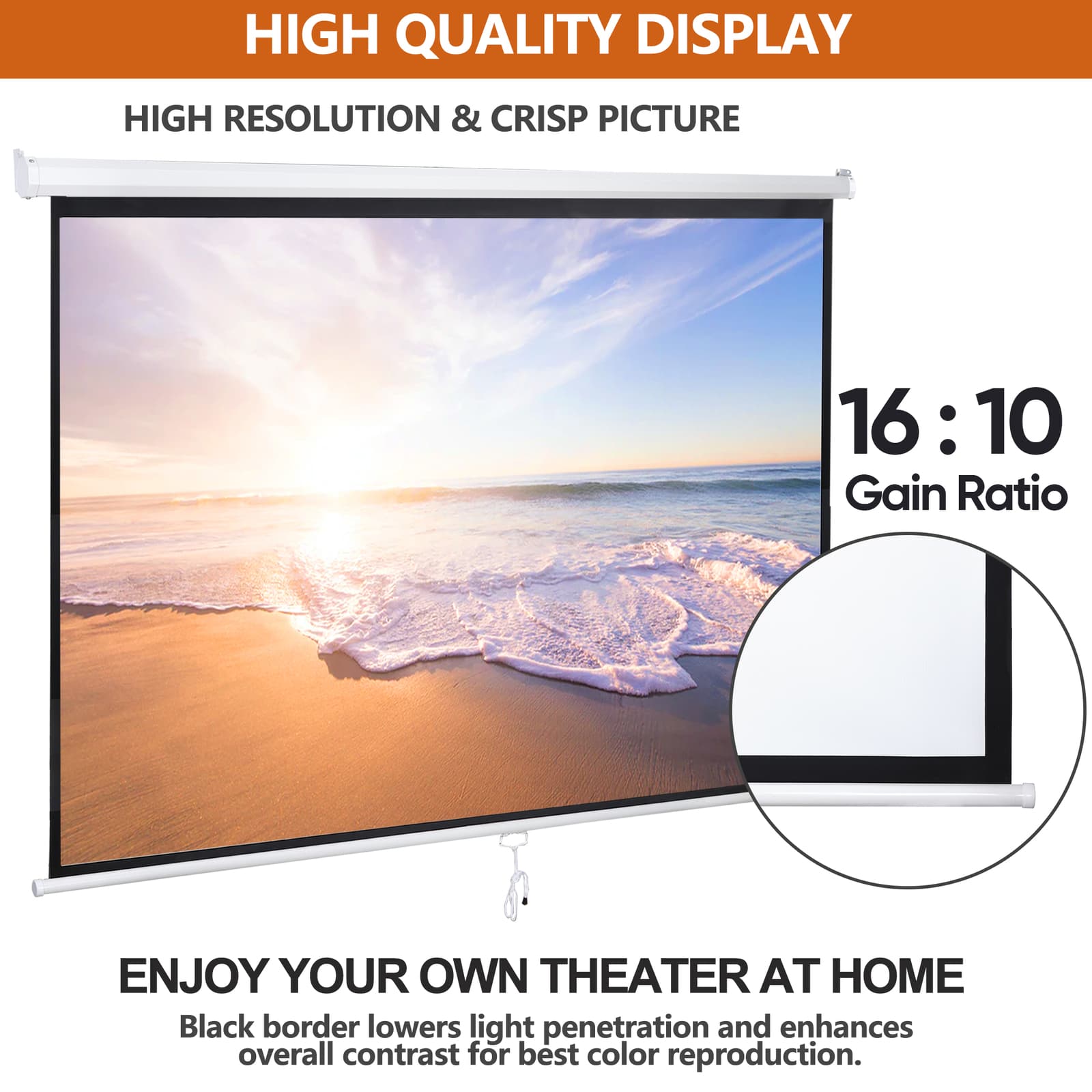 100" Projector Screen Manual Pull Down Projection Screen Theater 16:10 4K HD 4