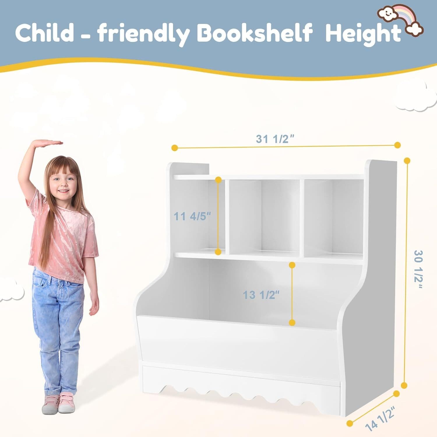 Kids Bookshelf, Toddler Toy Storage Organizer Wooden 4 Cubby Children Book Shelf 2